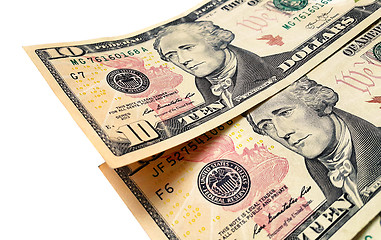 Image showing Banknotes of ten american dollars on white background