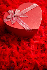 Image showing Heart shaped boxed gift, placed on red feathers background