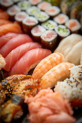 Image showing Close up of various types of japanese fresh prepared sushi.