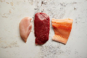 Image showing Fresh raw beef steak, chicken breast, and salmon fillet