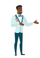 Image showing Young african-american happy groom gesturing.