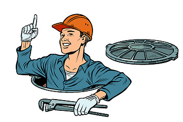 Image showing gesture attention. Plumber in the manhole