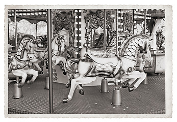 Image showing Old fashioned french carousel with horses Vintage Monochrome pho