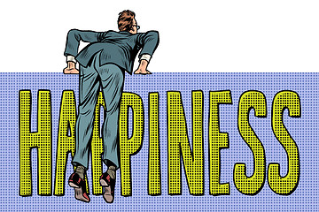 Image showing businessman climbs over the fence. happiness word text