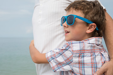 Image showing Father and son playing on the beach at the day time.