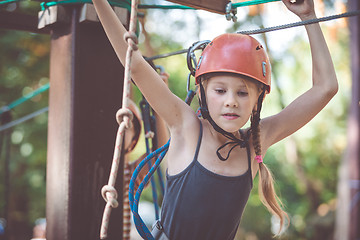 Image showing little brother and sister make climbing in the adventure park.