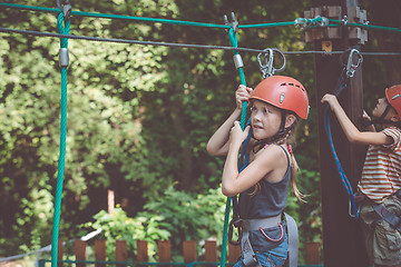 Image showing little brother and sister make climbing in the adventure park.