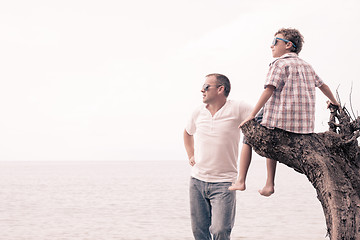 Image showing Father and son playing on the beach at the day time.