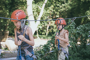 Image showing little brother and sister make climbing in the adventure park.