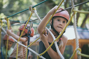 Image showing little brother and sister make climbing in the adventure park.