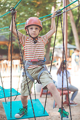 Image showing little boy make climbing in the adventure park.