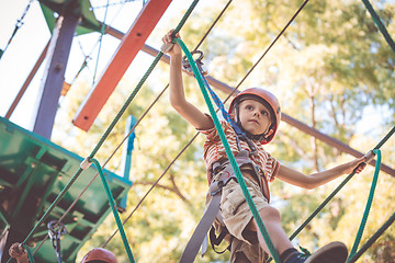 Image showing little boy make climbing in the adventure park.