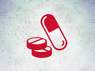 Image showing Medicine concept: Pills on Digital Data Paper background