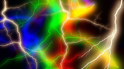 Image showing Multitude of colorful lightnings striking everywhere 3d rendering