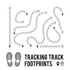 Image showing Tracking of human footprints to track walk paths. Silhouette from shoes. Vector illustration