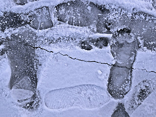 Image showing Frozen pond surface with footprints close-up