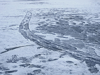 Image showing Frozen pond surface with many prints