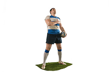 Image showing The silhouette of one caucasian rugby man player isolated on white background