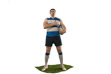 Image showing The silhouette of one caucasian rugby man player isolated on white background