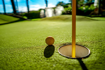 Image showing Mini Golf yellow ball on green grass at sunset