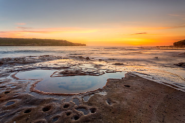 Image showing Sunrise from the Sydney Coast with foregrund rock pools