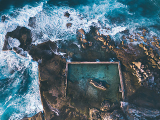 Image showing Aerial view of waves around Curl Curl rock pool