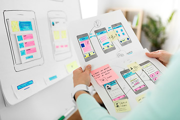 Image showing close up of ui designer with templates at office