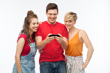 Image showing friends with smartphone over white background