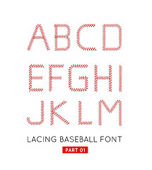 Image showing Baseball font made from baseball ball lacing along the contours of the letters. Vector illustration on white background. Part 01