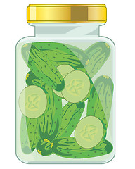 Image showing Glass bank with salty cucumber on white background