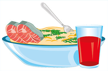 Image showing Plate with fish dish and drink juice