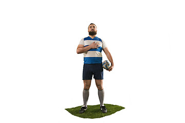 Image showing The silhouette of one caucasian rugby man player isolated on white background