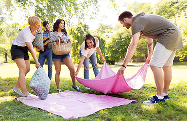 Image showing friends arranging place for picnic at summer park
