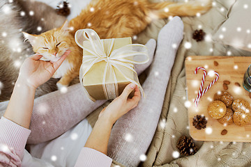 Image showing close up of woman with christmas gift and cat