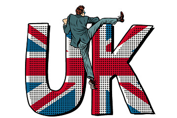 Image showing businessman overcomes the border. UK word flag. isolate on white background