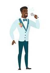 Image showing African-american groom singing to the microphone.