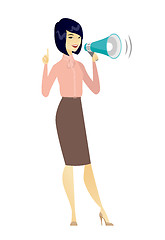 Image showing Asian business woman talking into loudspeaker.