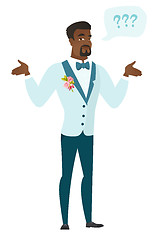 Image showing African-american confused groom with spread arms.