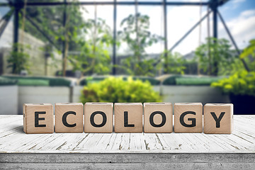 Image showing Ecology sign on a wooden table in a greenery