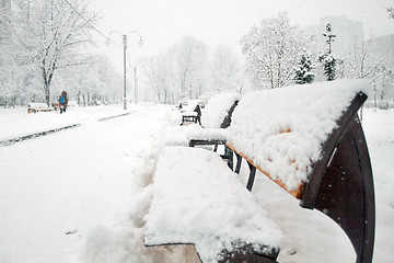 Image showing Park with Bench covered with Snow