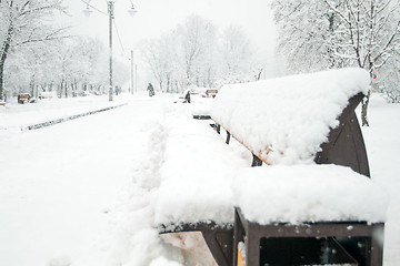 Image showing Park with Bench covered with Snow