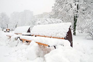 Image showing Park with Bench covered with Snow