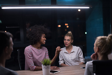 Image showing Multiethnic startup business team in night office