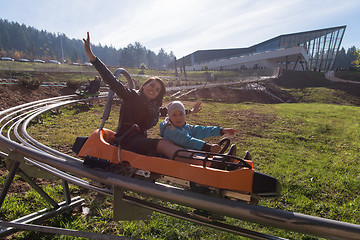 Image showing mother and son enjoys driving on alpine coaster