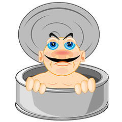 Image showing Cartoon men peering out canned food.Vector illustration