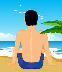 Image showing Man sits back on song beside ocean