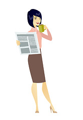 Image showing Lady drinking coffee and reading news in newspaper