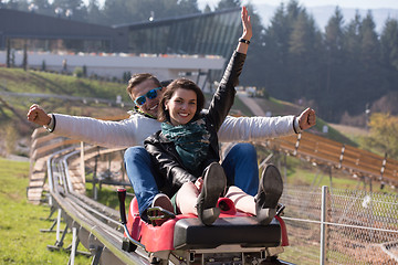 Image showing couple enjoys driving on alpine coaster