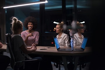 Image showing Multiethnic startup business team in night office