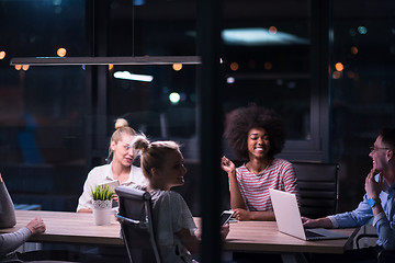 Image showing Multiethnic startup business team in night office